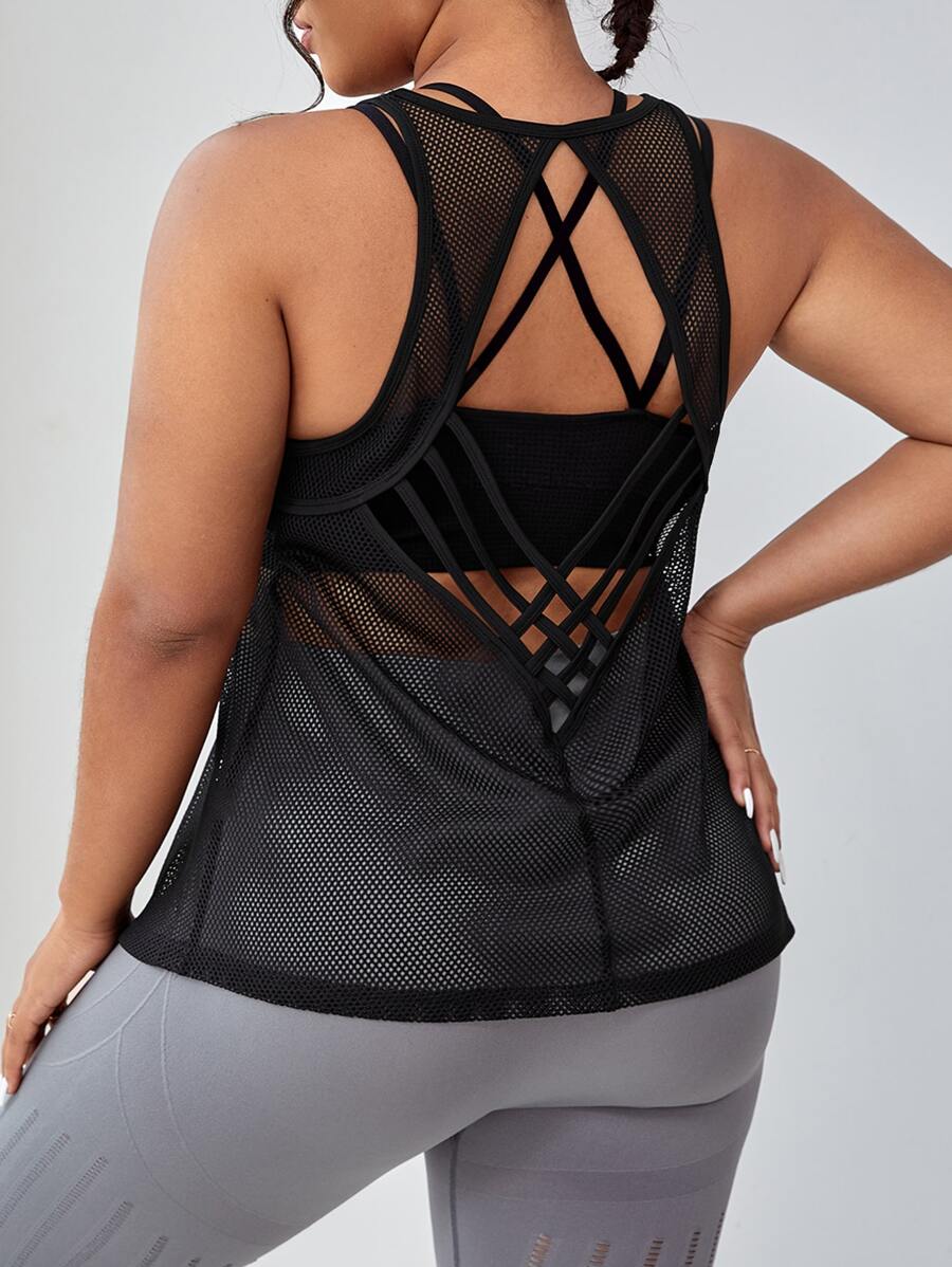 Plus Criss Cross Back Sports Tank Top - Black - View 1