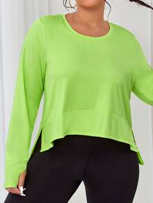 SHEIN Daily&Casual Plus Neon Lime High Low Hem Sports Tee - Lime Green - View 3