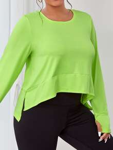 SHEIN Daily&Casual Plus Neon Lime High Low Hem Sports Tee - Lime Green - View 4