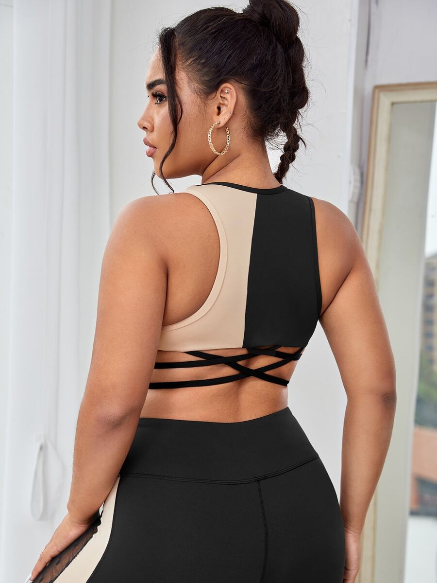 Plus Two Tone Criss Cross Back Sports Bra - Multicolor - View 1