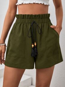 SHEIN VCAY Quần đùi nữ Thắt nút Túi Quần paper-bag mép màu trơn Giải trí - xanh quân đội - Xem 1