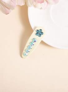 Rhinestone Flower Decor Snap Clip - Blue - View 1