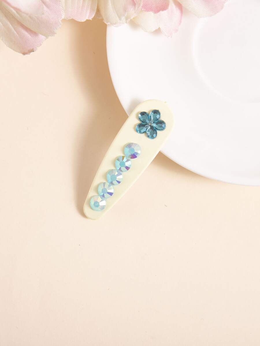 Rhinestone Flower Decor Snap Clip - Blue - View 1