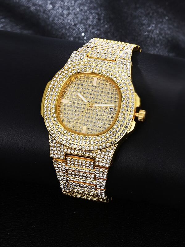 1pc Ladies Watch Rhinestone Decor Date Quartz Watch Holiday Luxury Diamond-Encrusted Gold Women Watch Made Of Zinc Alloy Gold Watch A Gift For Friends