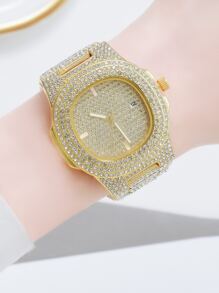 1pc Ladies Watch Rhinestone Decor Date Quartz Watch Holiday Luxury Diamond-Encrusted Gold Women Watch Made Of Zinc Alloy Gold Watch A Gift For Friends