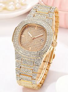 1pc Ladies Watch Rhinestone Decor Date Quartz Watch Holiday Luxury Diamond-Encrusted Gold Women Watch Made Of Zinc Alloy Gold Watch A Gift For Friends