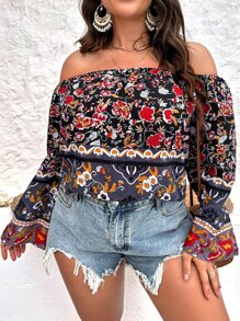 SHEIN Holidaya Plus Floral Print Off Shoulder Flounce Sleeve Blouse - Black - View 5