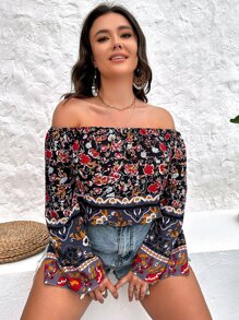 SHEIN Holidaya Plus Floral Print Off Shoulder Flounce Sleeve Blouse - Black - View 3