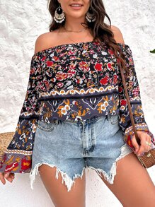 SHEIN Holidaya Plus Floral Print Off Shoulder Flounce Sleeve Blouse - Black - View 4