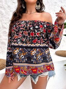 SHEIN Holidaya Plus Floral Print Off Shoulder Flounce Sleeve Blouse - Black - View 1