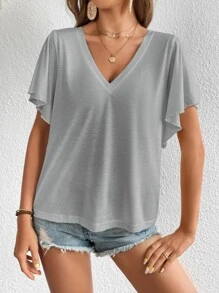 SHEIN LUNE Áo thun nữ màu trơn Giải trí - Màu Xám nhạt - Xem 6