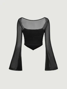 SHEIN MOD Contrast Mesh Trumpet Sleeve Ruched Hanky Hem Crop Black Square Collar Arm Perspective Tee
