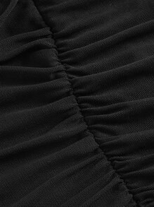 SHEIN MOD Contrast Mesh Trumpet Sleeve Ruched Hanky Hem Crop Black Square Collar Arm Perspective Tee