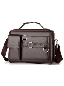 新款 PU 侧包斜挎包男士商务休闲包复古可调节外出手提包书包单肩包运动包大学生旅行学院学校皮包防水礼品侧包方形包节日夏季复古包大一学生单肩包徒步旅行大容量休闲度假腰包钱包圣诞节感恩节手提包 - 棕色 - 查看 3