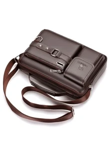 新款 PU 侧包斜挎包男士商务休闲包复古可调节外出手提包书包单肩包运动包大学生旅行学院学校皮包防水礼品侧包方形包节日夏季复古包大一学生单肩包徒步旅行大容量休闲度假腰包钱包圣诞节感恩节手提包 - 棕色 - 查看 6