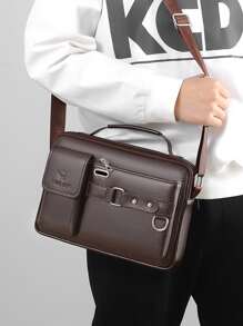 新款 PU 侧包斜挎包男士商务休闲包复古可调节外出手提包书包单肩包运动包大学生旅行学院学校皮包防水礼品侧包方形包节日夏季复古包大一学生单肩包徒步旅行大容量休闲度假腰包钱包圣诞节感恩节手提包 - 棕色 - 查看 7