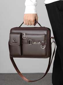 新款 PU 侧包斜挎包男士商务休闲包复古可调节外出手提包书包单肩包运动包大学生旅行学院学校皮包防水礼品侧包方形包节日夏季复古包大一学生单肩包徒步旅行大容量休闲度假腰包钱包圣诞节感恩节手提包 - 棕色 - 查看 8