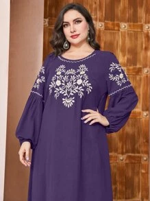 Al Najma Đầm Plus Size Thêu Hoa Khiêm tốn - Màu tím - Xem 4
