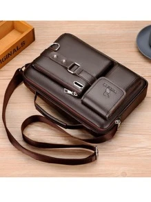 新款 PU 侧包斜挎包男士商务休闲包复古可调节外出手提包书包单肩包运动包大学生旅行学院学校皮包防水礼品侧包方形包节日夏季复古包大一学生单肩包徒步旅行大容量休闲度假腰包钱包圣诞节感恩节手提包 - 棕色 - 查看 11