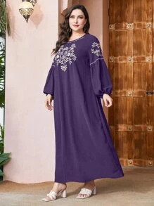 Al Najma Đầm Plus Size Thêu Hoa Khiêm tốn - Màu tím - Xem 6