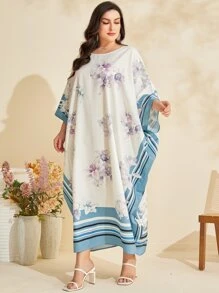 Al Najma Plus Floral Print Batwing Sleeve Dress - Blue and White - View 4