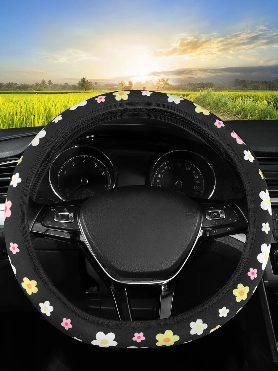 1pc Flower Pattern Car Steering Wheel Cover - Multicolor - View 1