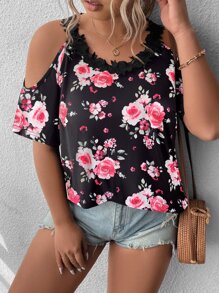 SHEIN LUNE Plus Floral Print Cold Shoulder Guipure Lace Trim Tee - Black - View 1
