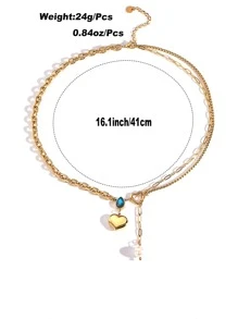 Vòng cổ xếp lớp ngọc trai giả & trái tim quyến rũ - Màu xanh nhạt - Xem 2