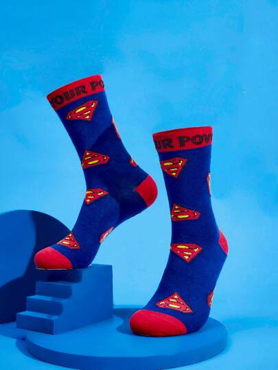 SUPERMAN X SHEIN Men Letter Graphic Crew Socks For Daily Life