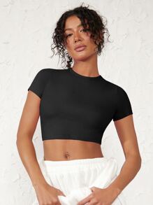 SHEIN BASICS Casual Versatile Solid Round Neck Crop Tee - Black - View 6