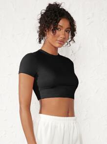 SHEIN BASICS Casual Versatile Solid Round Neck Crop Tee - Black - View 5