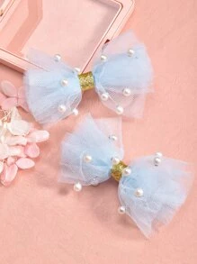 2入組小女童蝴蝶結和人造珍珠裝飾時尚髮夾 - 淺藍色 - 查看 1