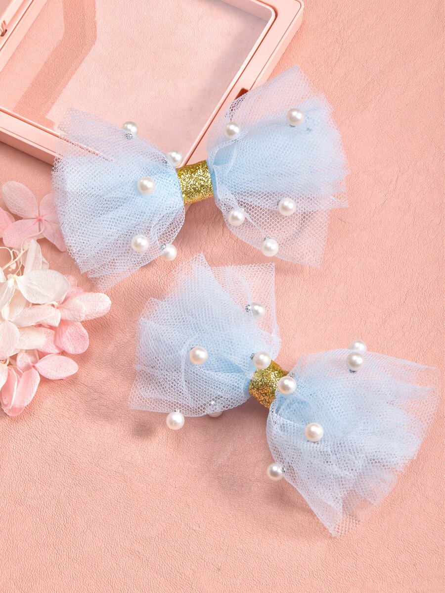 2入組小女童蝴蝶結和人造珍珠裝飾時尚髮夾 - 淺藍色 - 查看 1