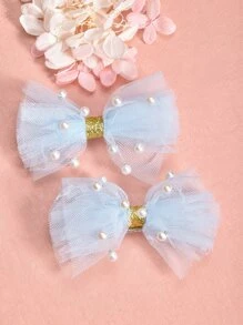 2入組小女童蝴蝶結和人造珍珠裝飾時尚髮夾 - 淺藍色 - 查看 4