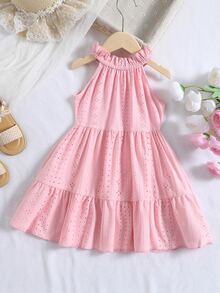 SHEIN Niñas Vestido halter con bordado con ojal bajo con fruncido - Rosa Pálido - Ver 2