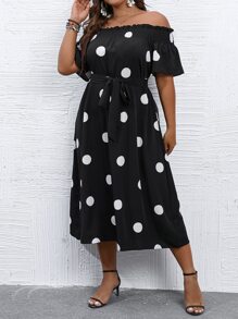 SHEIN Clasi Plus Polka Dot Print Off Shoulder Belted Dress Maxi Women Outfit - Black and White - View 5