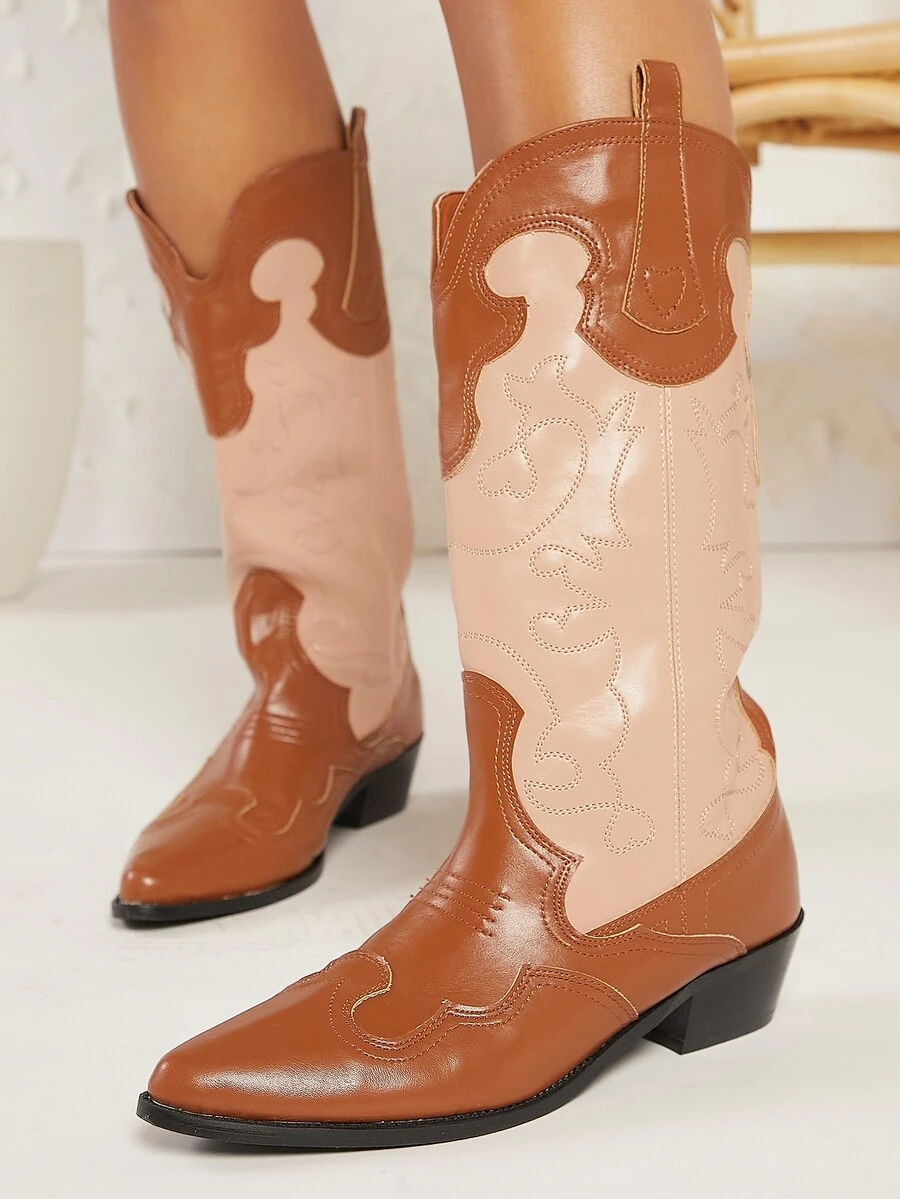 Two Tone Knee High Cowboy Boots - màu nâu - Xem 1