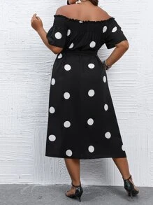 SHEIN Clasi Plus Polka Dot Print Off Shoulder Belted Dress Maxi Women Outfit - Black and White - View 2
