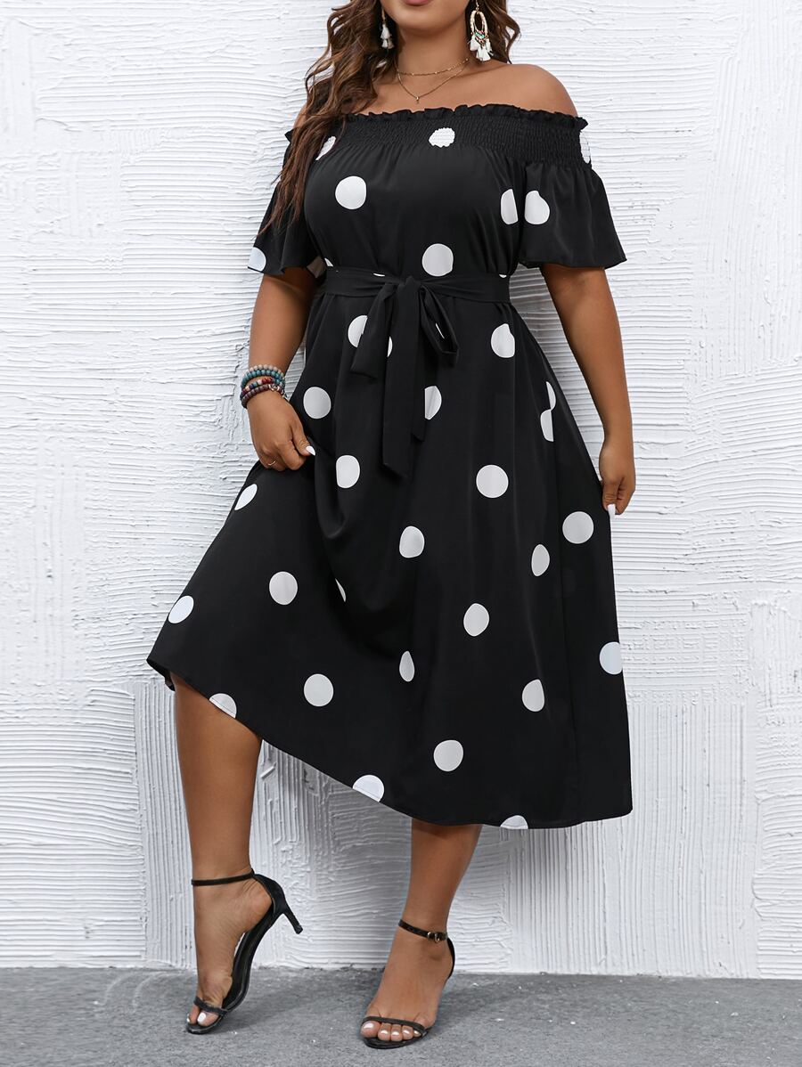 SHEIN Clasi Plus Polka Dot Print Off Shoulder Belted Dress Maxi Women Outfit - Black and White - View 1