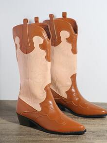 Two Tone Knee High Cowboy Boots - màu nâu - Xem 2