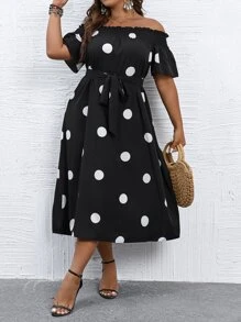 SHEIN Clasi Plus Polka Dot Print Off Shoulder Belted Dress Maxi Women Outfit - Black and White - View 4