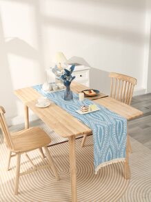 1pc Jacquard Table Runner, Modernist Polyester Fringe Trim Decor Kitchen Table Runner For Home - Blue - View 4