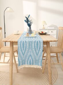 1pc Jacquard Table Runner, Modernist Polyester Fringe Trim Decor Kitchen Table Runner For Home - Blue - View 5