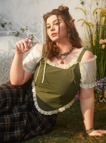 ROMWE Fairycore Áo hai dây Plus Size Tương phản ren Thắt nút màu trơn Giải trí - xanh quân đội - Xem 1