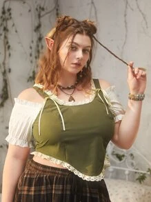 ROMWE Fairycore Áo hai dây Plus Size Tương phản ren Thắt nút màu trơn Giải trí - xanh quân đội - Xem 4