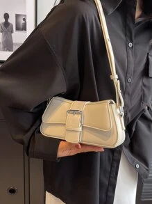 Small Bag Buckle Decor Solid Color Shoulder Bag PU Leather Versatile Underarm Bag Magnet Zipper Stylish Minimalist Bag - White - View 3