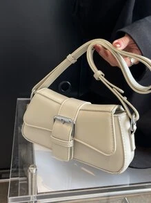 Small Bag Buckle Decor Solid Color Shoulder Bag PU Leather Versatile Underarm Bag Magnet Zipper Stylish Minimalist Bag - White - View 8