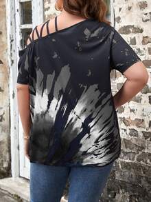 SHEIN LUNE Camiseta de tie dye con tira cruzada de cuello asimétrico - Gris Oscuro - Ver 2