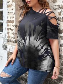 SHEIN LUNE Camiseta de tie dye con tira cruzada de cuello asimétrico - Gris Oscuro - Ver 4