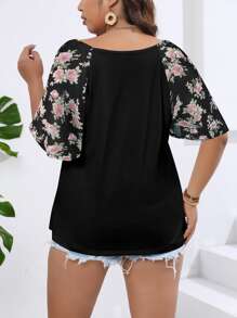 SHEIN LUNE Plus Floral Print Raglan Sleeve Top - Multicolor - View 2